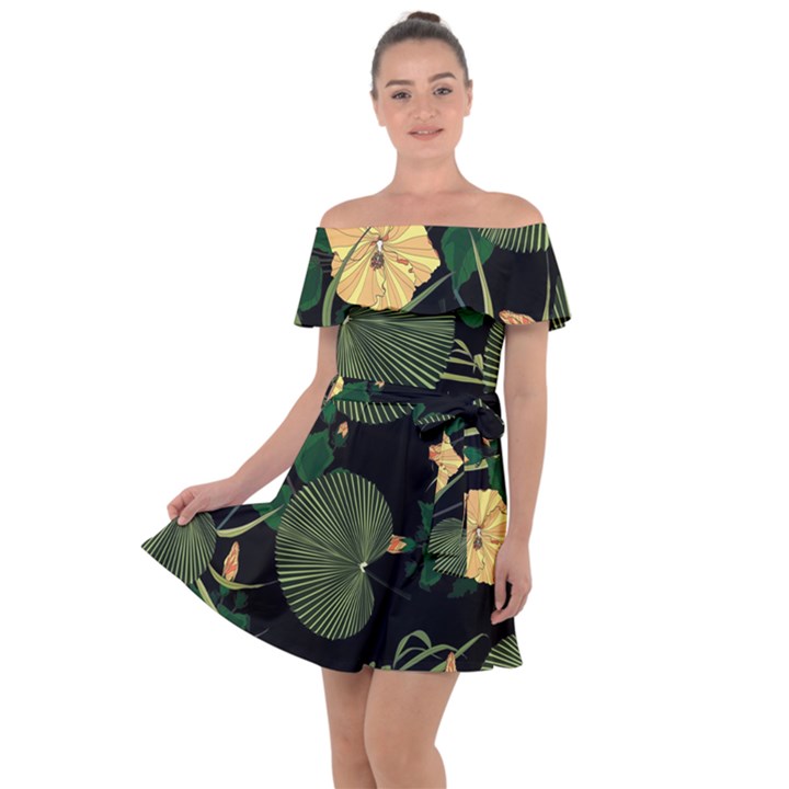 Tropical vintage yellow hibiscus floral green leaves seamless pattern black background. Off Shoulder Velour Dress