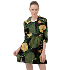 Tropical Vintage Yellow Hibiscus Floral Green Leaves Seamless Pattern Black Background  Mini Skater Shirt Dress by Sobalvarro