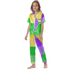 Purple Yellow Green Check Squares Pattern Mardi Gras Kids  Satin Short Sleeve Pajamas Set by yoursparklingshop