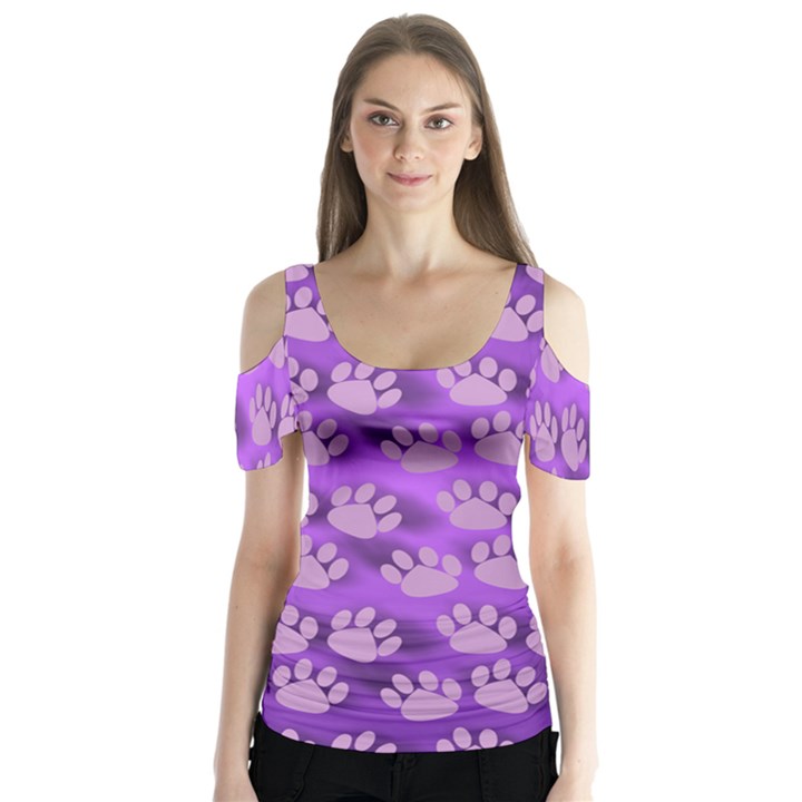 Pattern Texture Feet Dog Purple Butterfly Sleeve Cutout Tee 