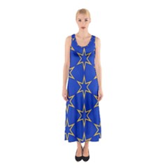 Star Pattern Blue Gold Sleeveless Maxi Dress by Dutashop