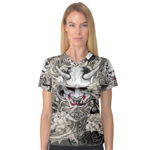 Samurai Oni Mask V-neck Sport Mesh Tee by Saga96