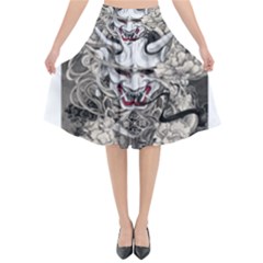 Samurai Oni Mask Flared Midi Skirt by Saga96