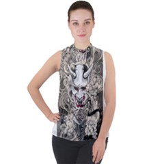 Samurai Oni Mask Mock Neck Chiffon Sleeveless Top by Saga96