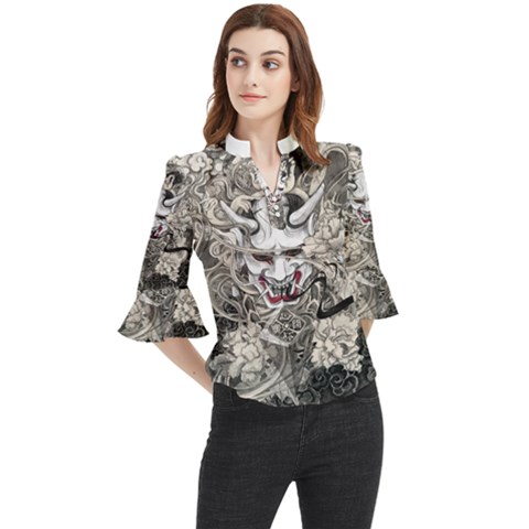 Samurai Oni Mask Loose Horn Sleeve Chiffon Blouse by Saga96