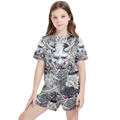 Samurai Oni Mask Kids  Tee And Sports Shorts Set by Saga96