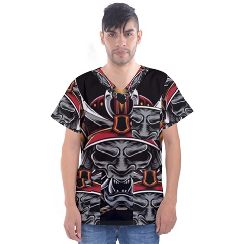 Samurai Oni Mask Men s V-neck Scrub Top by Saga96