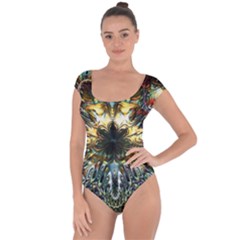 Multicolor Floral Art Copper Patina  Short Sleeve Leotard  by CrypticFragmentsDesign