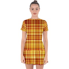 Red Lines On Yellow Drop Hem Mini Chiffon Dress by JustToWear