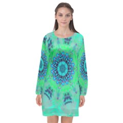 Blue Green  Twist Long Sleeve Chiffon Shift Dress  by LW323