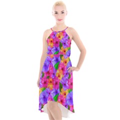 Watercolor Flowers  Multi-colored Bright Flowers High-low Halter Chiffon Dress  by SychEva