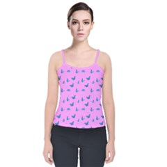 Blue Butterflies At Pastel Pink Color Background Velvet Spaghetti Strap Top by Casemiro