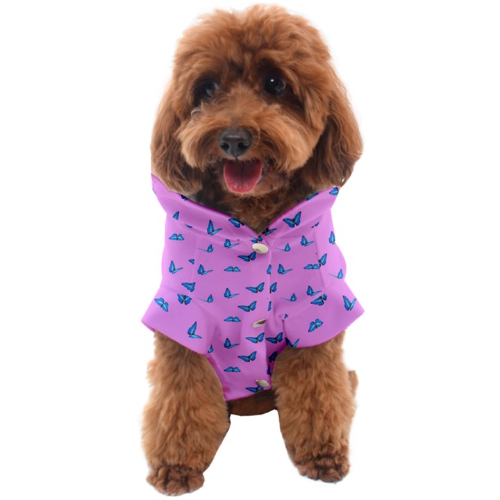 Blue butterflies at pastel pink color background Dog Coat