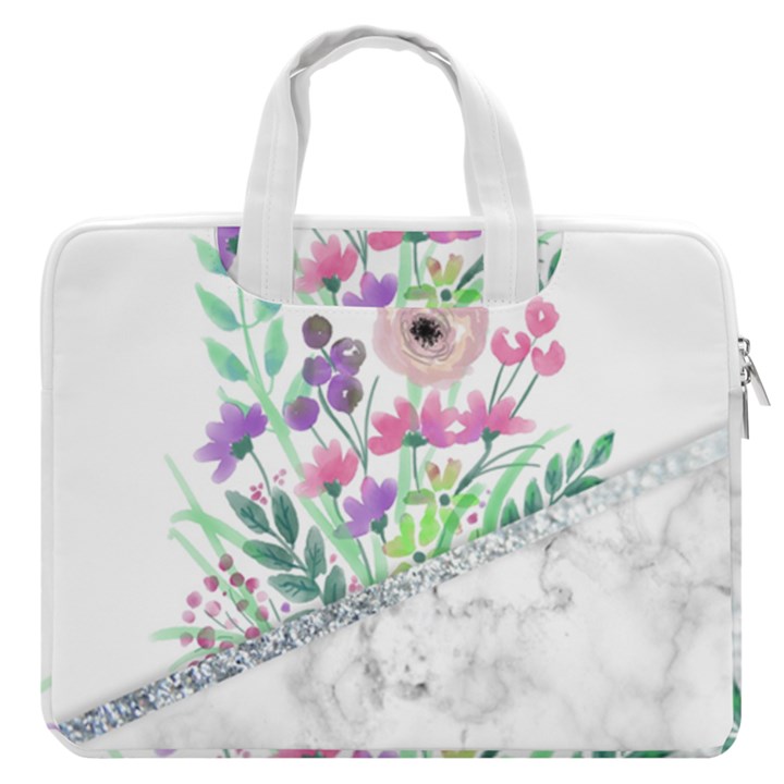 Minimal Silver Floral Marble A MacBook Pro Double Pocket Laptop Bag