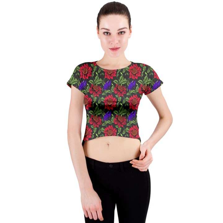 Spanish Passion Floral Pattern Crew Neck Crop Top