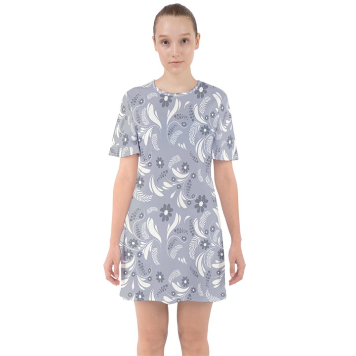 Folk flowers art pattern Floral abstract surface design  Seamless pattern Sixties Short Sleeve Mini Dress