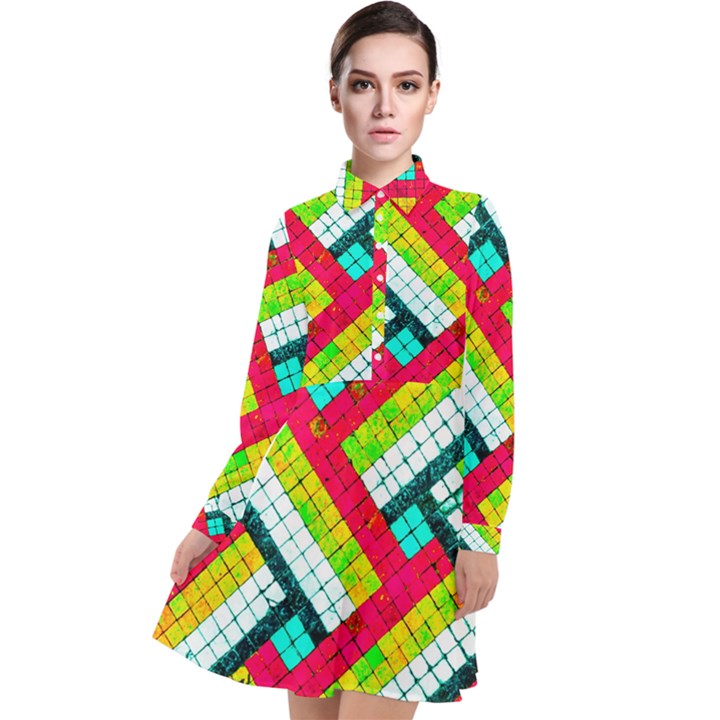 Pop Art Mosaic Long Sleeve Chiffon Shirt Dress