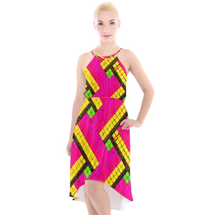 Pop Art Mosaic High-Low Halter Chiffon Dress 