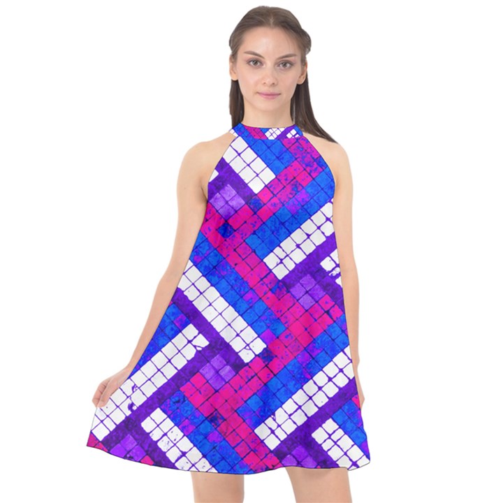 Pop Art Mosaic Halter Neckline Chiffon Dress 