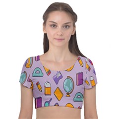 Back To School And Schools Out Kids Pattern Velvet Short Sleeve Crop Top  by DinzDas