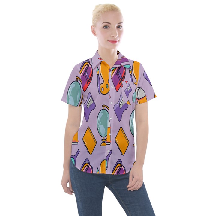 Back To School And Schools Out Kids Pattern Women s Short Sleeve Pocket Shirt