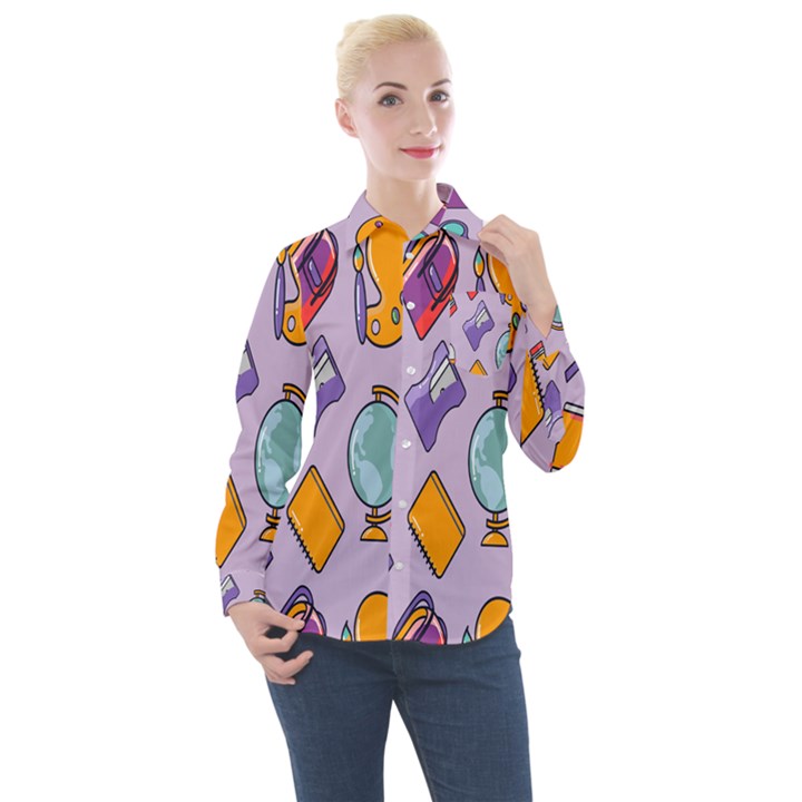 Back To School And Schools Out Kids Pattern Women s Long Sleeve Pocket Shirt