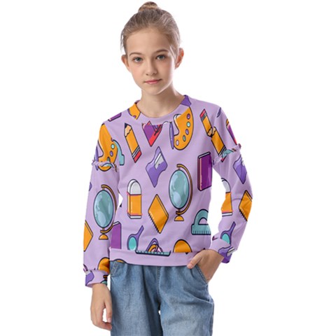 Back To School And Schools Out Kids Pattern Kids  Long Sleeve Tee With Frill  by DinzDas