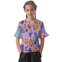 Back To School And Schools Out Kids Pattern Kids  V-neck Horn Sleeve Blouse by DinzDas