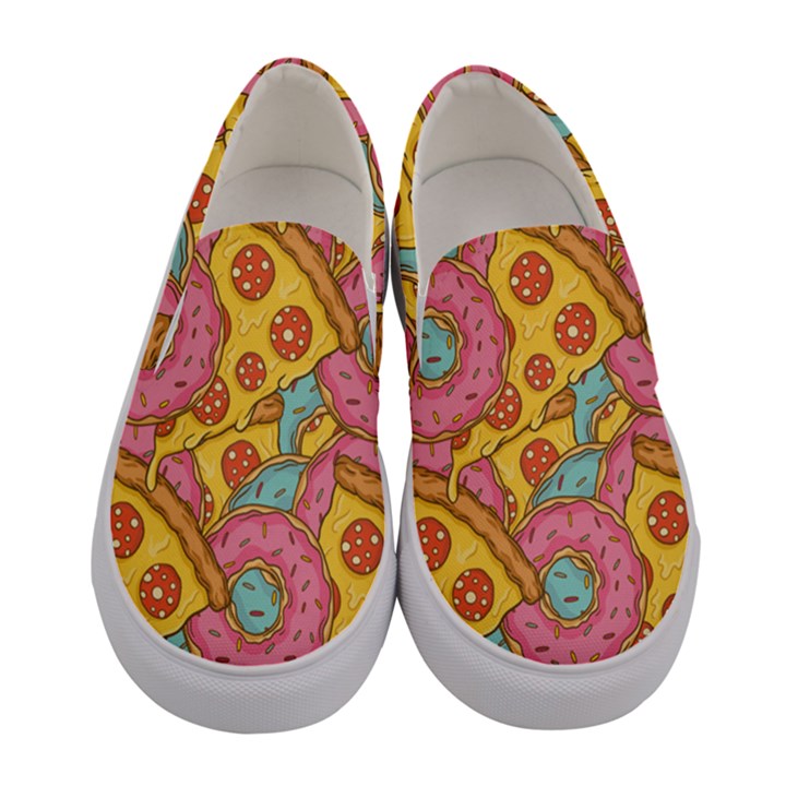 Fast Food Pizza And Donut Pattern Women s Canvas Slip Ons