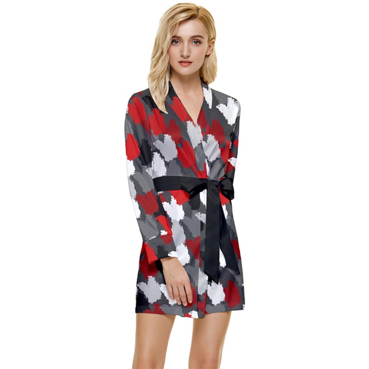 Abstract paint splashes, mixed colors, black, red, white Long Sleeve Satin Robe