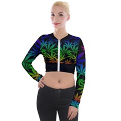 Weed Rainbow, Ganja Leafs Pattern In Colors, 420 Marihujana Theme Long Sleeve Cropped Velvet Jacket by Casemiro