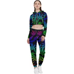 Weed Rainbow, Ganja Leafs Pattern In Colors, 420 Marihujana Theme Cropped Zip Up Lounge Set by Casemiro