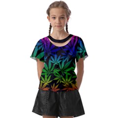 Weed Rainbow, Ganja Leafs Pattern In Colors, 420 Marihujana Theme Kids  Front Cut Tee by Casemiro