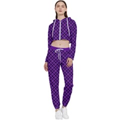 Purple, Black And Yellow Color Plaid, Retro Tartan Pattern Cropped Zip Up Lounge Set by Casemiro