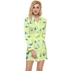 Blue Butterflies At Lemon Yellow, Nature Themed Pattern Long Sleeve Satin Robe by Casemiro