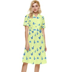 Blue Butterflies At Lemon Yellow, Nature Themed Pattern Button Top Knee Length Dress by Casemiro