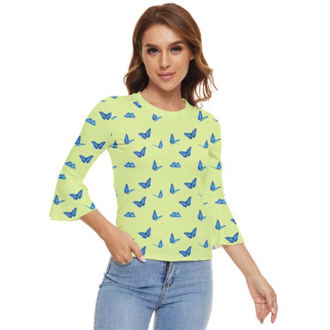 Blue Butterflies At Lemon Yellow, Nature Themed Pattern Bell Sleeve Top by Casemiro