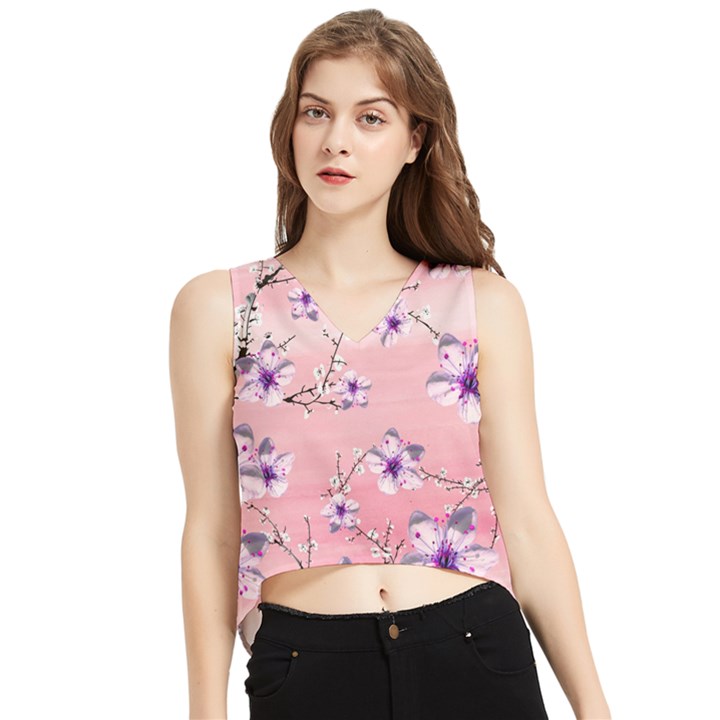 Cherry blossoms Pink V-Neck Cropped Tank Top