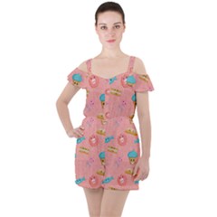 Toothy Sweets Ruffle Cut Out Chiffon Playsuit by SychEva