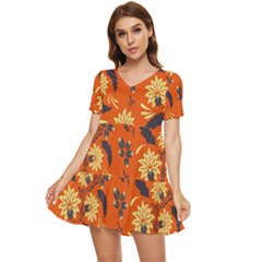 Folk Flowers Pattern  Tiered Short Sleeve Mini Dress by Eskimos