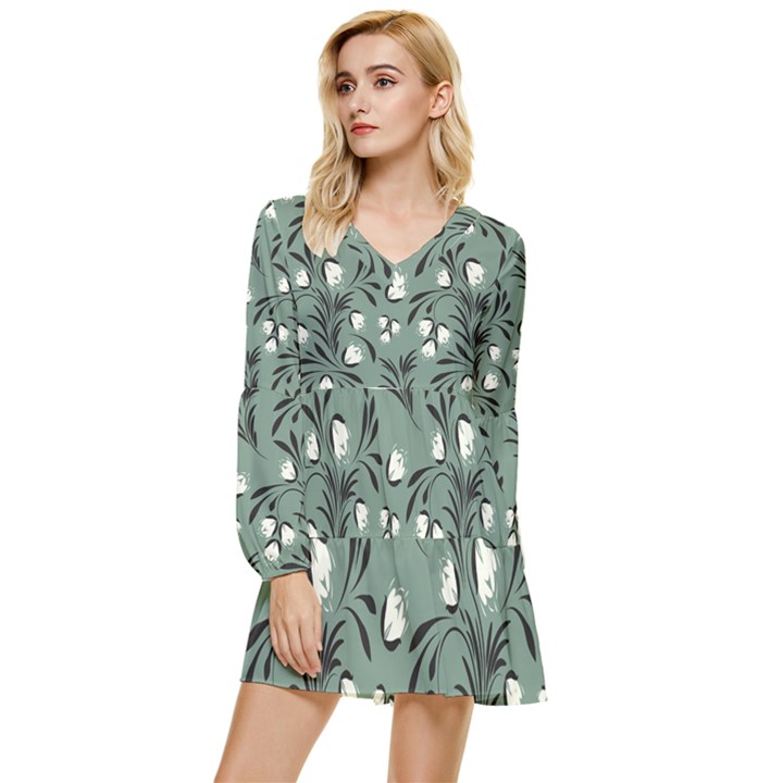 Folk flowers pattern Tiered Long Sleeve Mini Dress