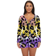 Black Leopard Print With Yellow, Gold, Purple And Pink Long Sleeve Boyleg Swimsuit by AnkouArts