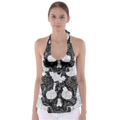 Black Skull On White Babydoll Tankini Top by AnkouArts