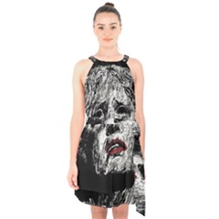 Creepy Head Sculpture Artwork Halter Collar Waist Tie Chiffon Dress by dflcprintsclothing