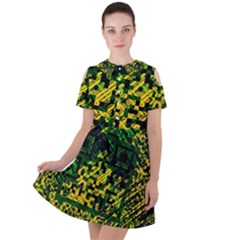 Root Humanity Bar And Qr Code Green And Yellow Doom Short Sleeve Shoulder Cut Out Dress  by WetdryvacsLair