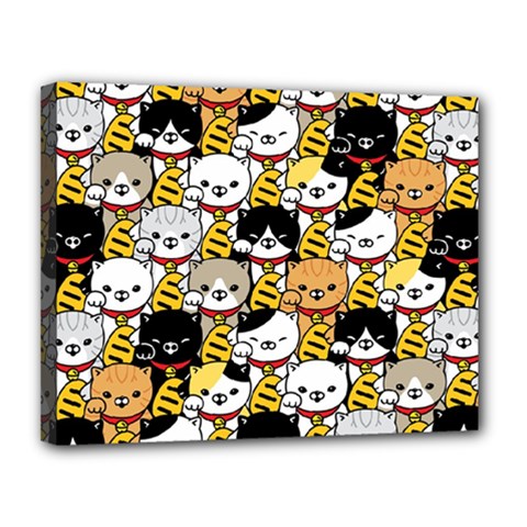 Cat-seamless-pattern-lucky-cat-japan-maneki-neko-vector-kitten-calico-pet-scarf-isolated-repeat-back Canvas 14  X 11  (stretched) by elchino