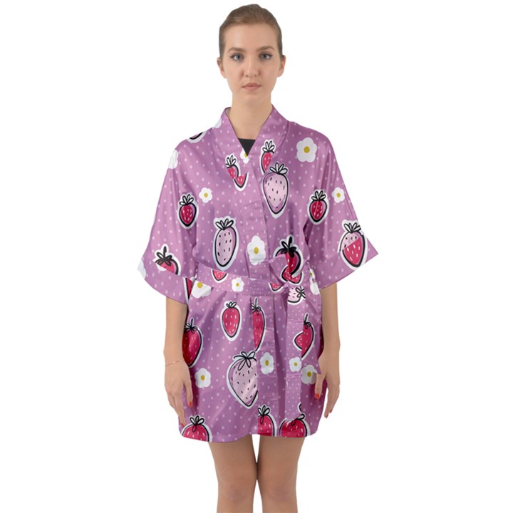 Juicy Strawberries Half Sleeve Satin Kimono 