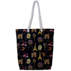 Paris Street Pattern On Black Full Print Rope Handle Tote (small) by Daria3107