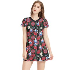 Alice In Wonderland Flower Short Sleeve V-neck Dress by flowerland