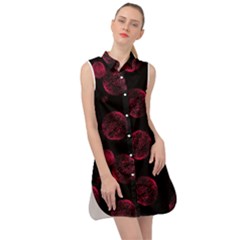 Red Sponge Prints On Black Background Sleeveless Shirt Dress by SychEva